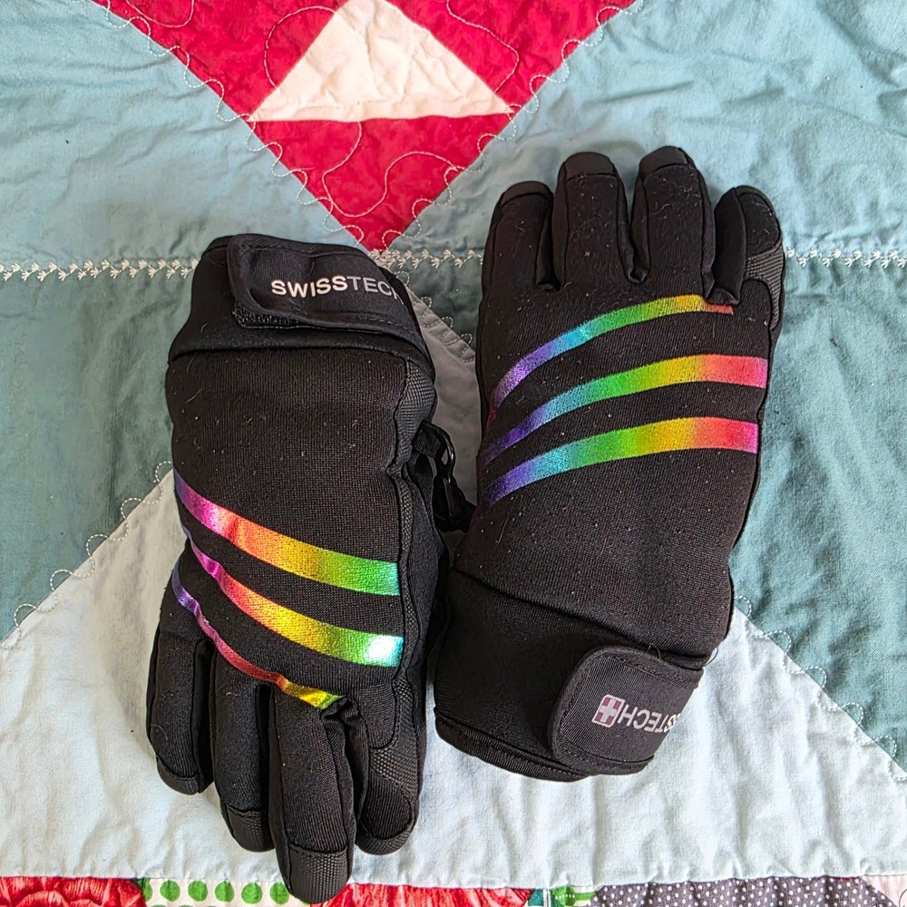 Swiss Tech Black Metallic 0Rainbow Striped Winter Snow Gloves Rich Black Size SM
